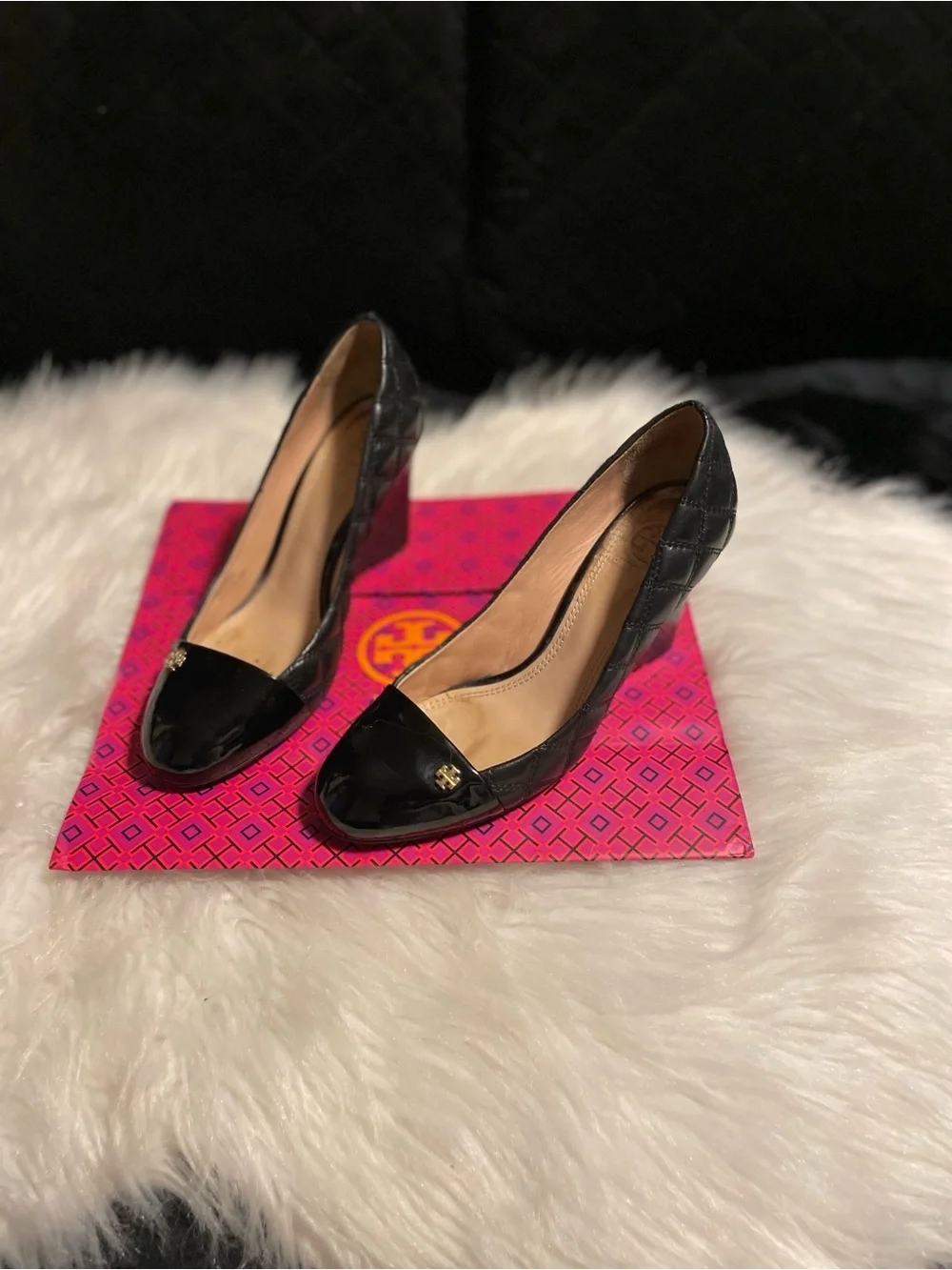 Tory Burch Black Quilted Leather Cap-Toe Pumps with Gold Logo